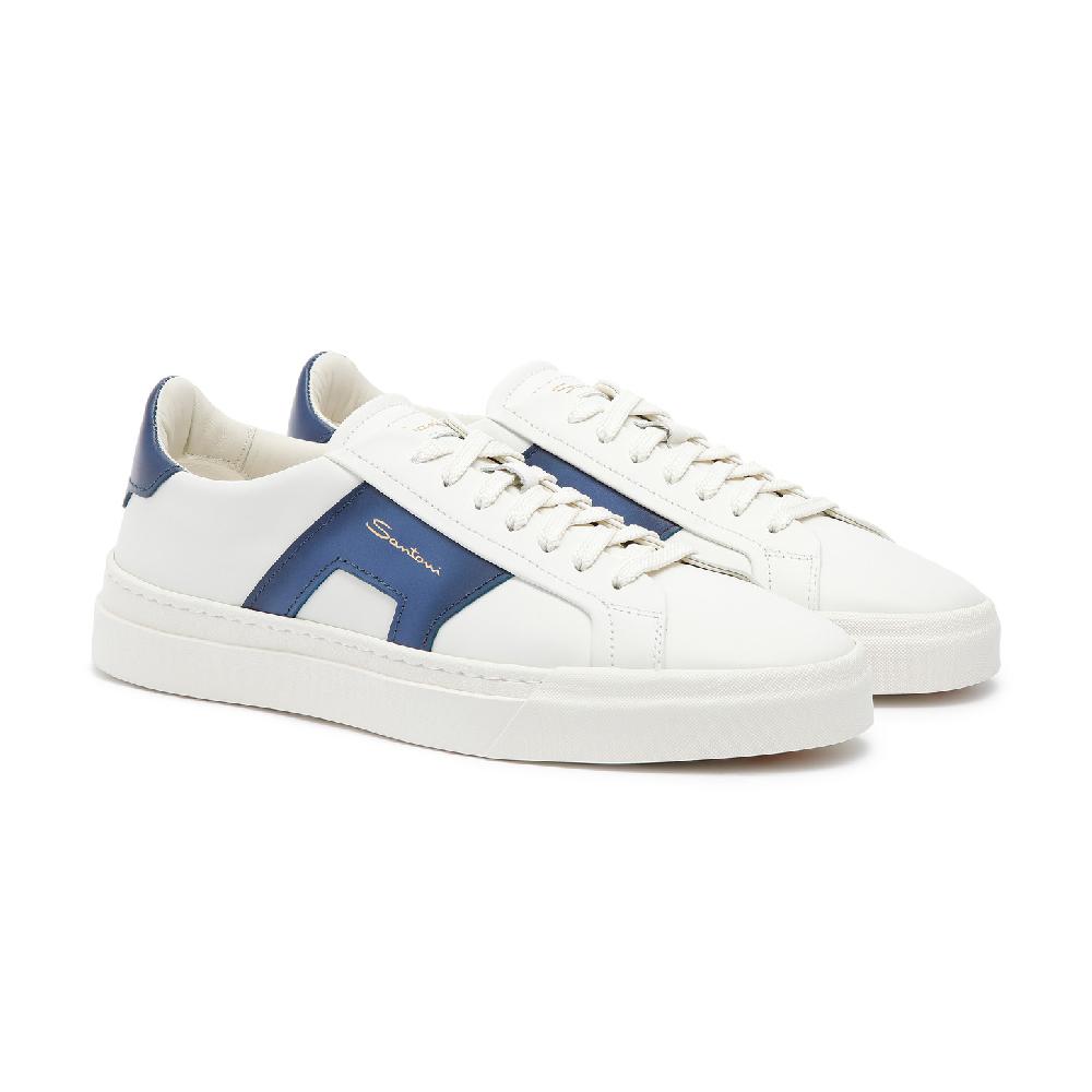 Santoni Double buckle sneaker da uomo in pelle bianca e blu Novità