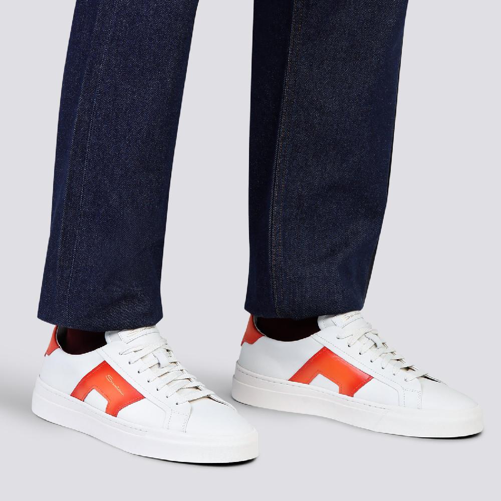Santoni Double buckle sneaker da uomo in pelle bianca e arancione Presa