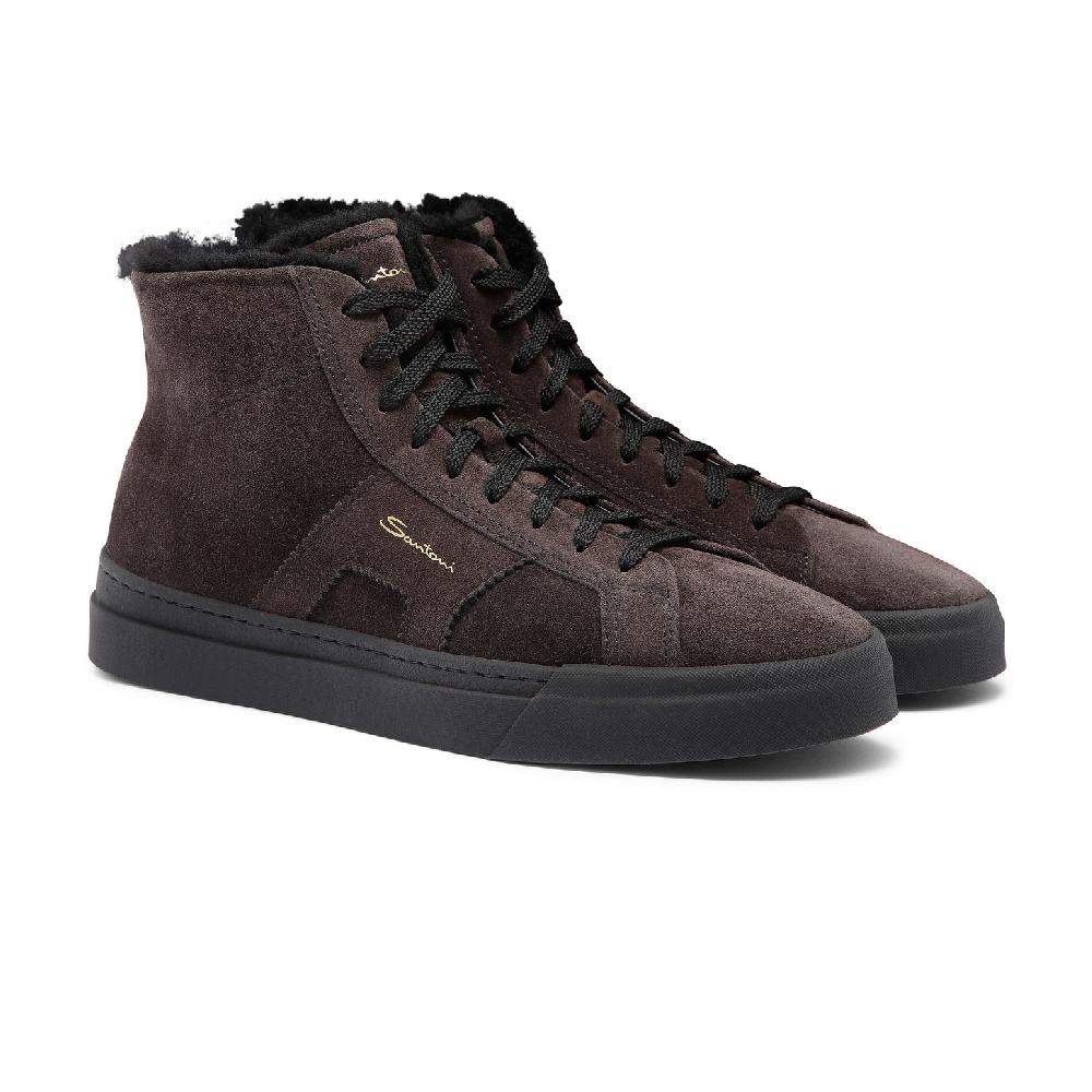 Santoni Double buckle sneaker alta con pelliccia da uomo in suede grigio Italia
