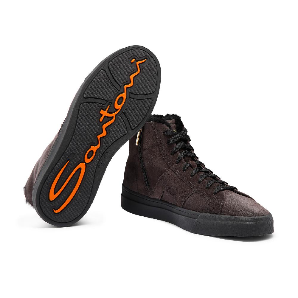 Santoni Double buckle sneaker alta con pelliccia da uomo in suede grigio Italia
