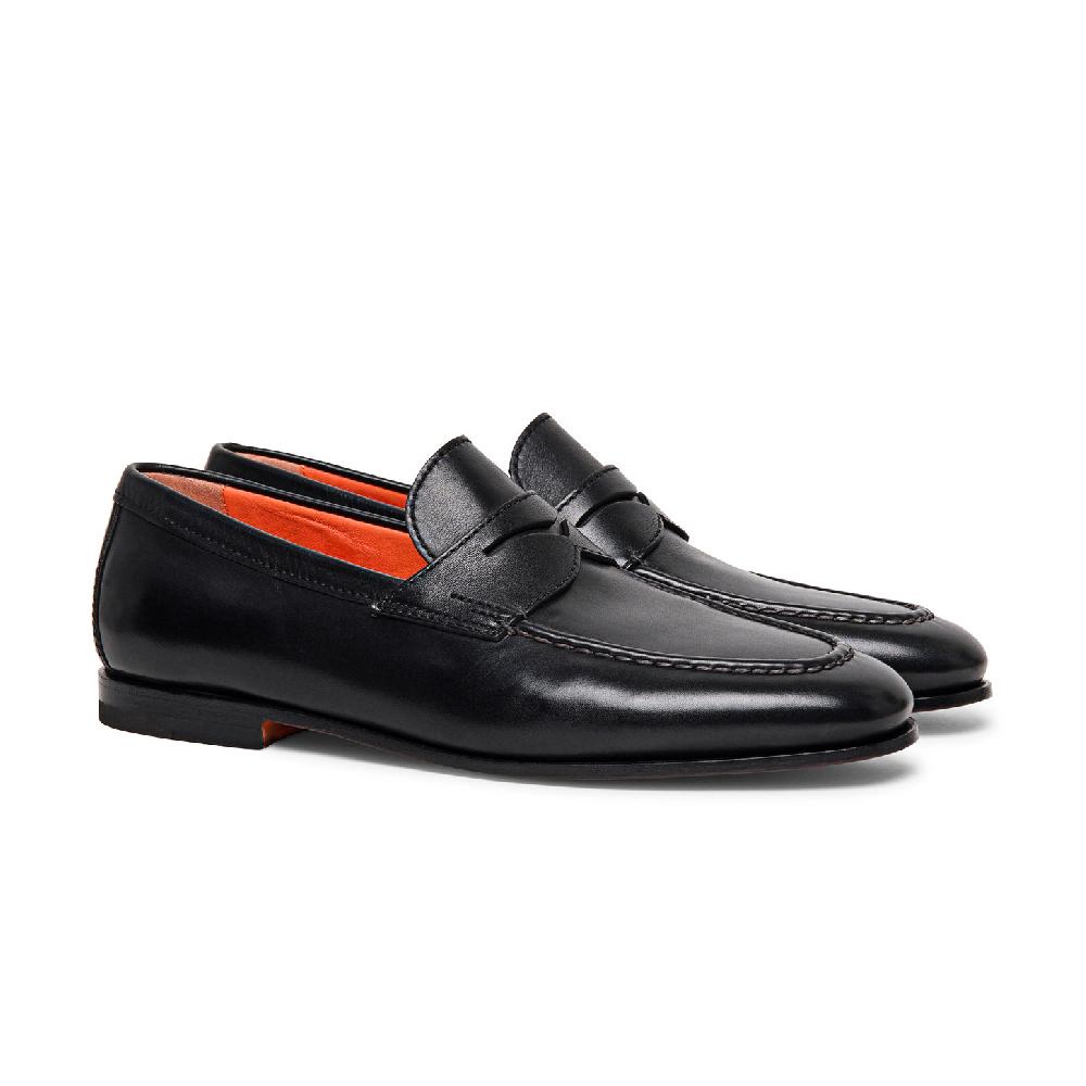 Santoni Mocassino penny da uomo in pelle nera Affare Del Giorno