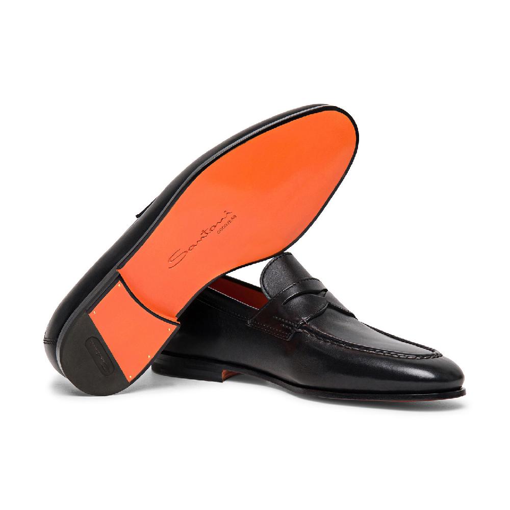 Santoni Mocassino penny da uomo in pelle nera Affare Del Giorno