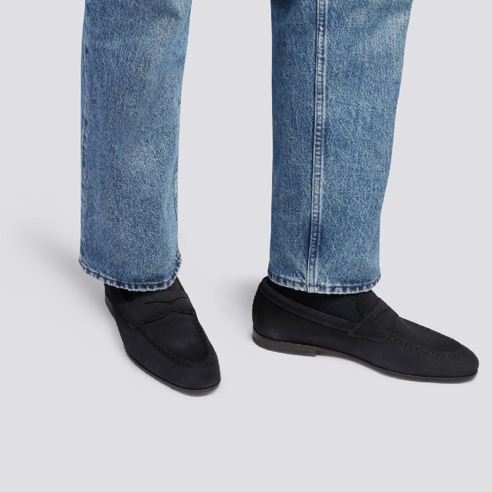 Santoni Mocassino penny da uomo in suede blu Offerta