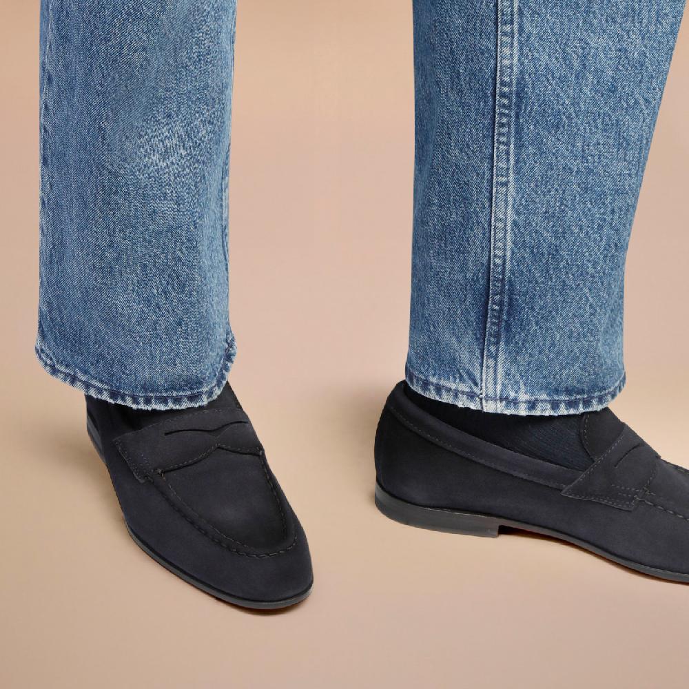 Santoni Mocassino penny da uomo in suede blu Offerta
