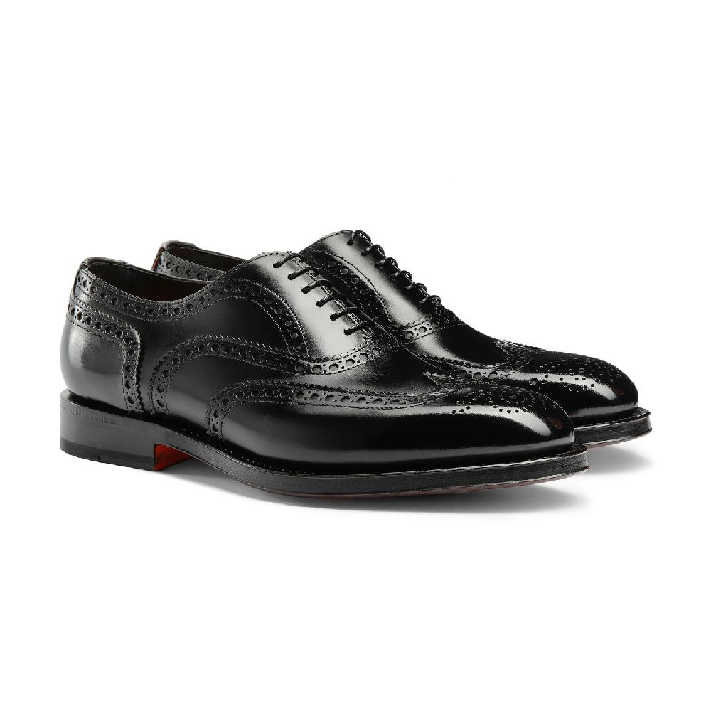 Santoni Stringata oxford brogue da uomo in pelle anticata nera Saldi Di Fabbrica