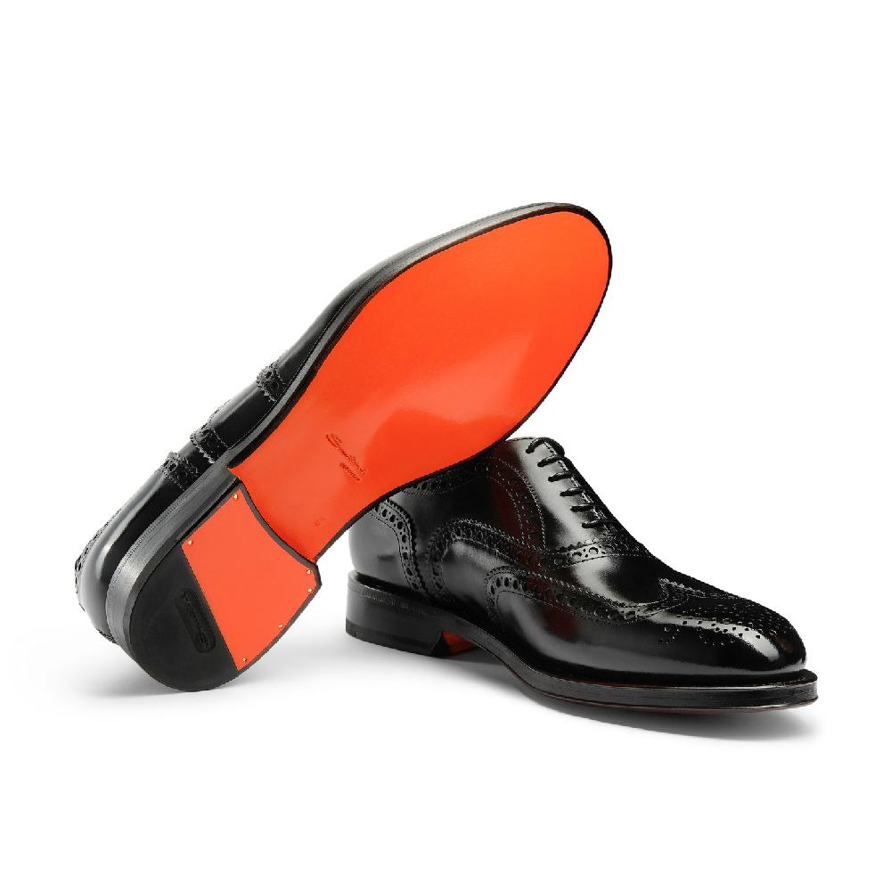 Santoni Stringata oxford brogue da uomo in pelle anticata nera Saldi Di Fabbrica