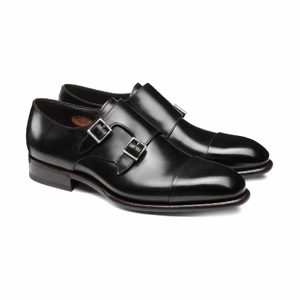 Santoni Doppia fibbia da uomo in pelle nera In Saldo