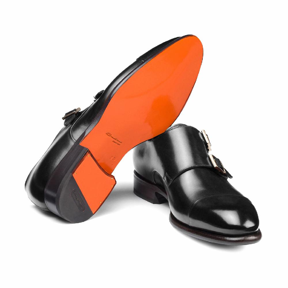 Santoni Doppia fibbia da uomo in pelle nera In Saldo
