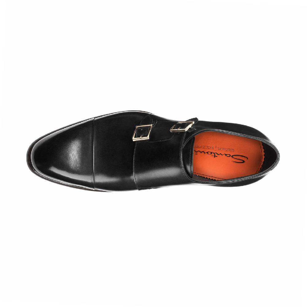 Santoni Doppia fibbia da uomo in pelle nera In Saldo