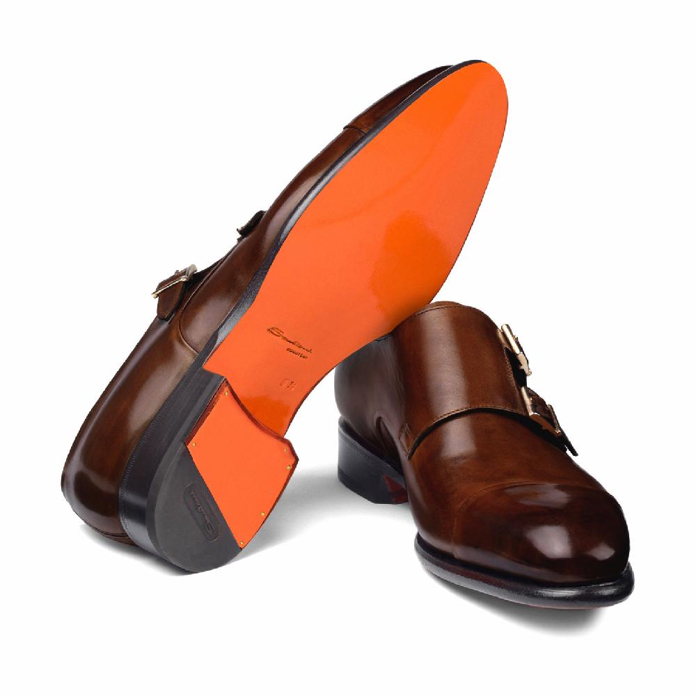 Santoni Doppia fibbia da uomo in pelle marrone medio Moda