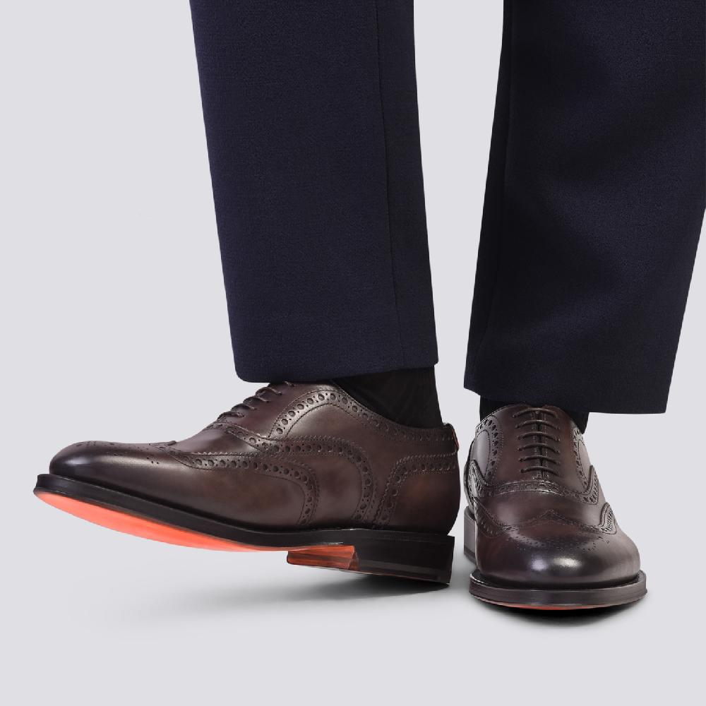 Santoni Stringata oxford brogue da uomo in pelle anticata marrone Italy