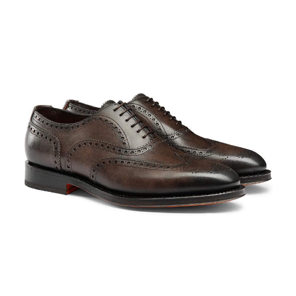 Santoni Stringata oxford brogue da uomo in pelle anticata marrone Italy
