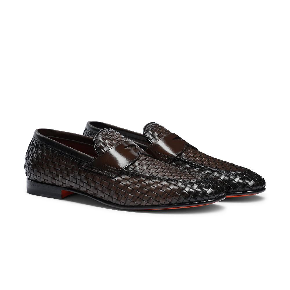 Santoni Mocassino penny con tomaia intrecciata da uomo in pelle marrone In Vendita