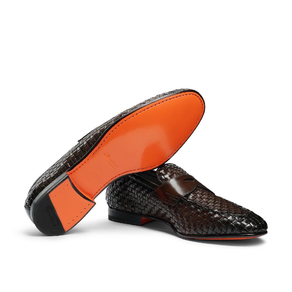 Santoni Mocassino penny con tomaia intrecciata da uomo in pelle marrone In Vendita