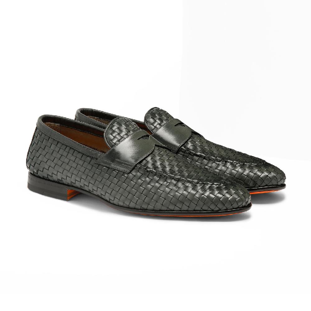Santoni Mocassino da uomo in pelle intrecciata verde Negozi Online