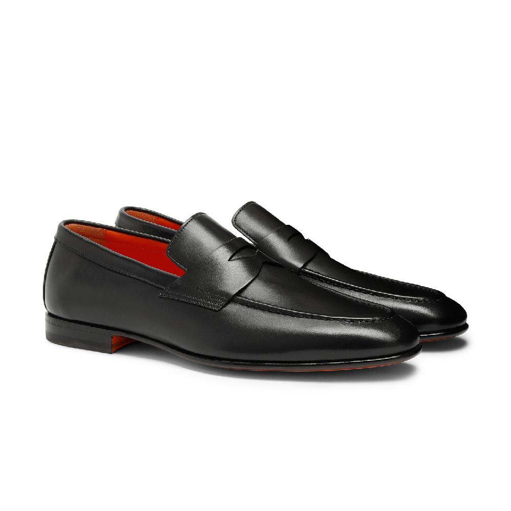 Santoni Mocassino penny da uomo in pelle anticata nera Affare Del Giorno