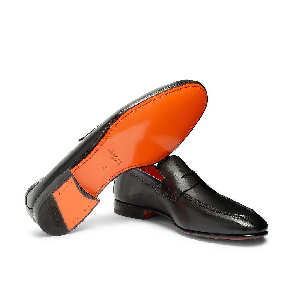 Santoni Mocassino penny da uomo in pelle anticata nera Affare Del Giorno