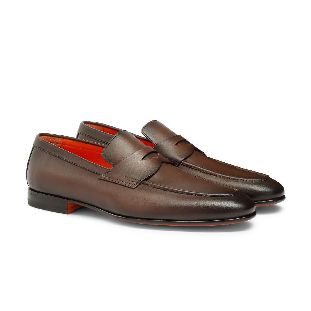Santoni Mocassino penny da uomo in pelle anticata marrone Offerta