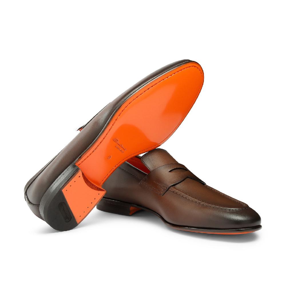 Santoni Mocassino penny da uomo in pelle anticata marrone Offerta