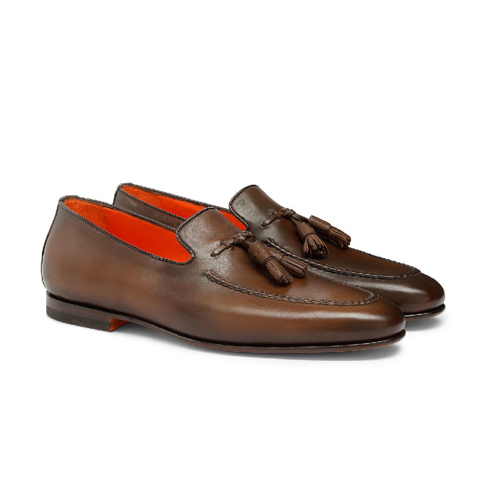 Santoni Mocassino con nappe da uomo in pelle anticata marrone Online