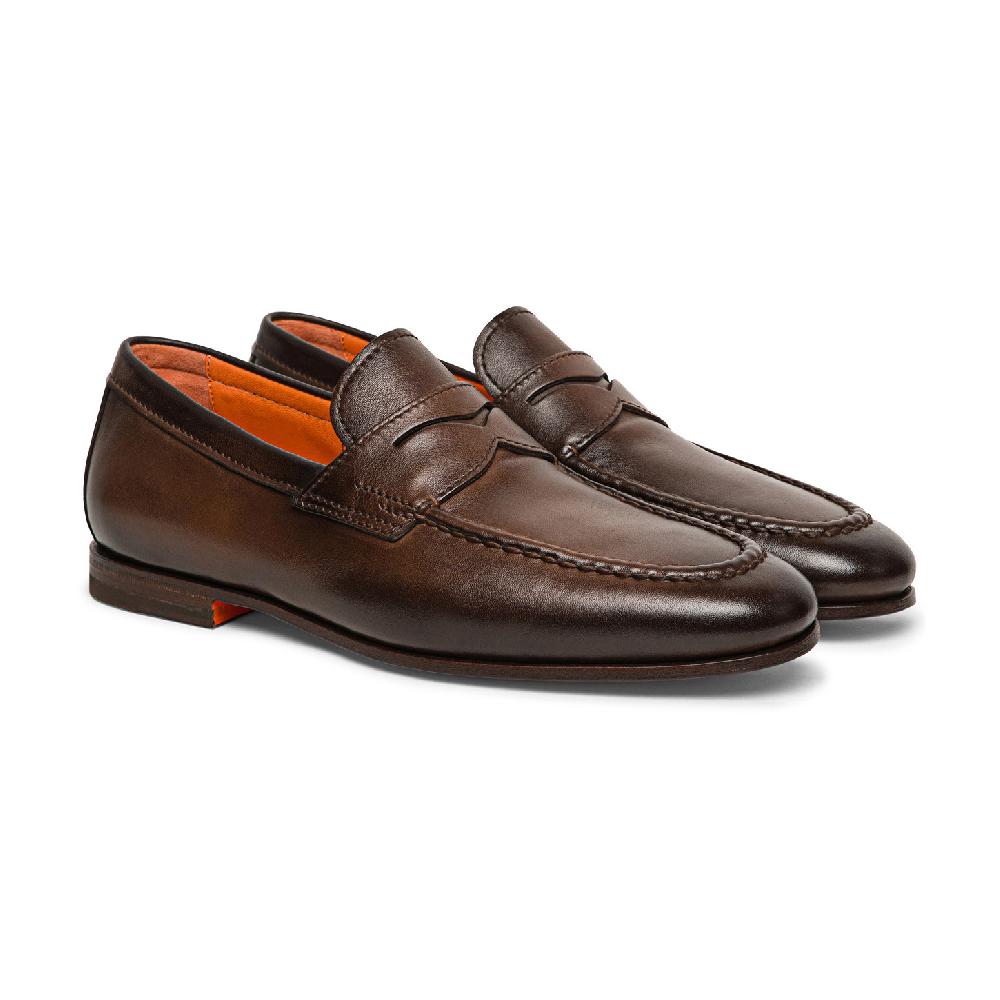 Santoni Mocassino penny da uomo in pelle anticata marrone Shopping online