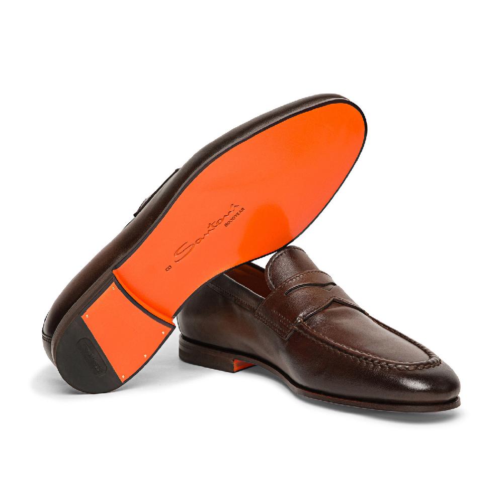 Santoni Mocassino penny da uomo in pelle anticata marrone Shopping online