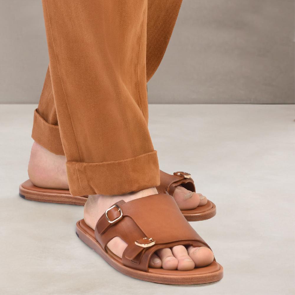 Santoni Sandalo doppia fibbia da uomo in pelle marrone In Vendita
