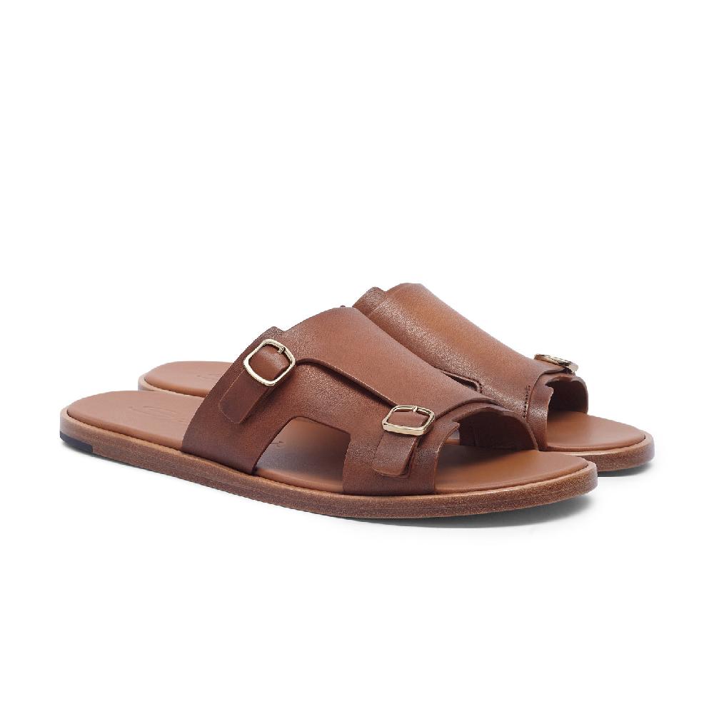 Santoni Sandalo doppia fibbia da uomo in pelle marrone In Vendita