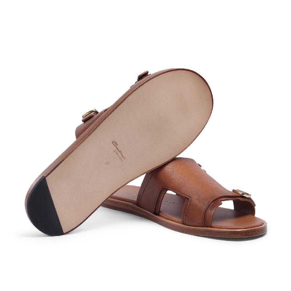 Santoni Sandalo doppia fibbia da uomo in pelle marrone In Vendita