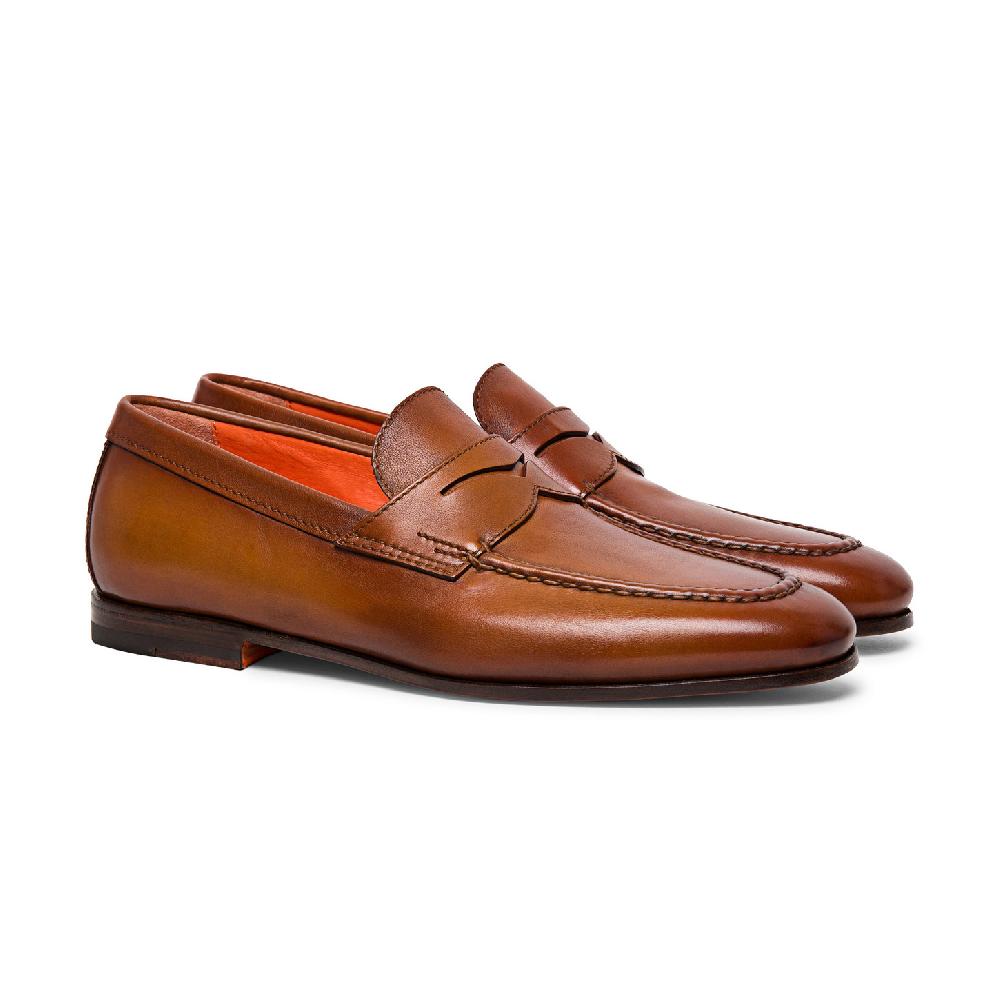 Santoni Mocassino penny da uomo in pelle marrone In Saldo