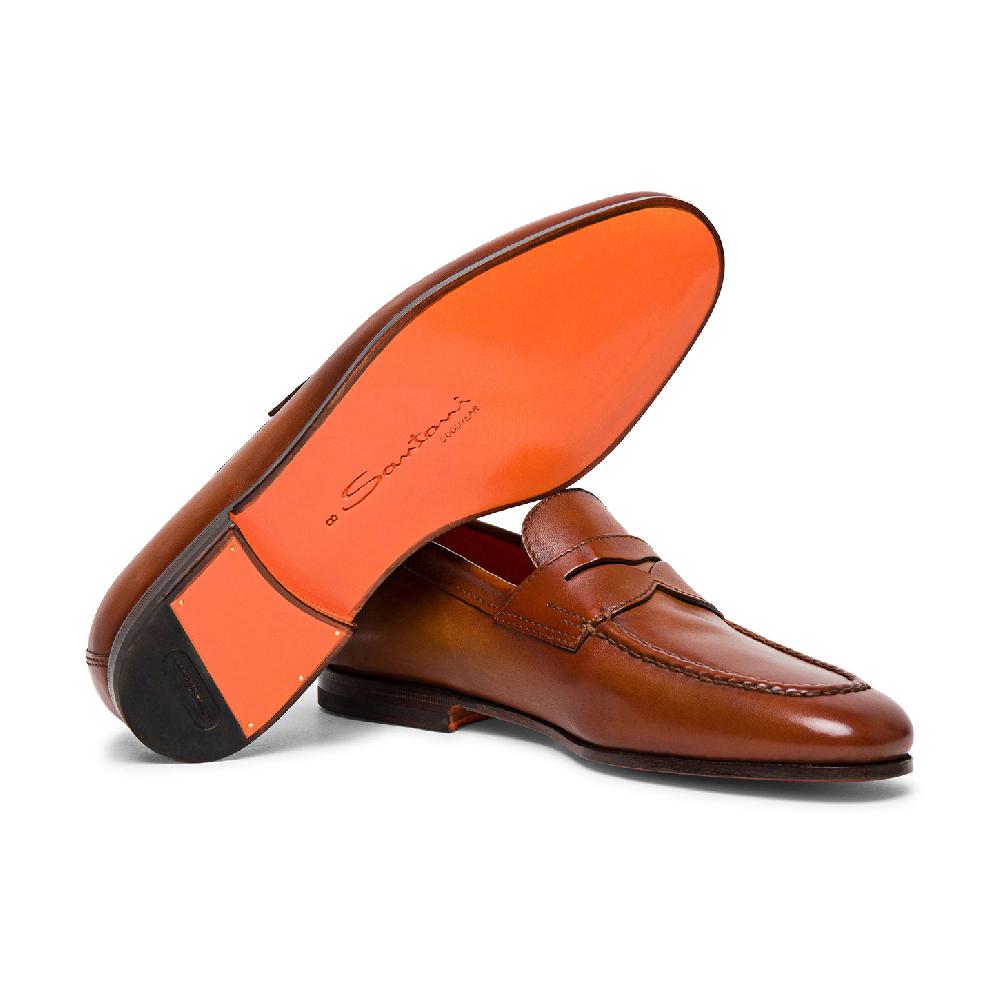 Santoni Mocassino penny da uomo in pelle marrone In Saldo