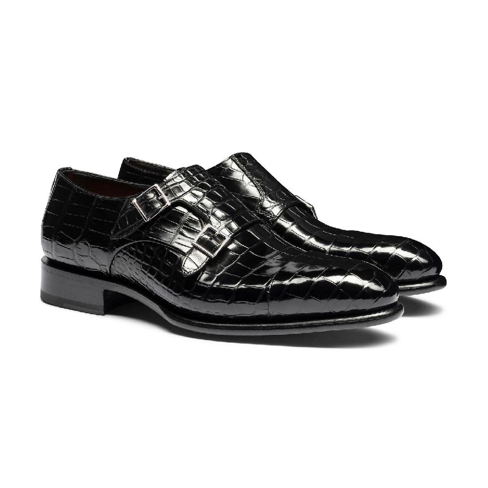 Santoni Doppia fibbia da uomo in alligatore nero Nuova