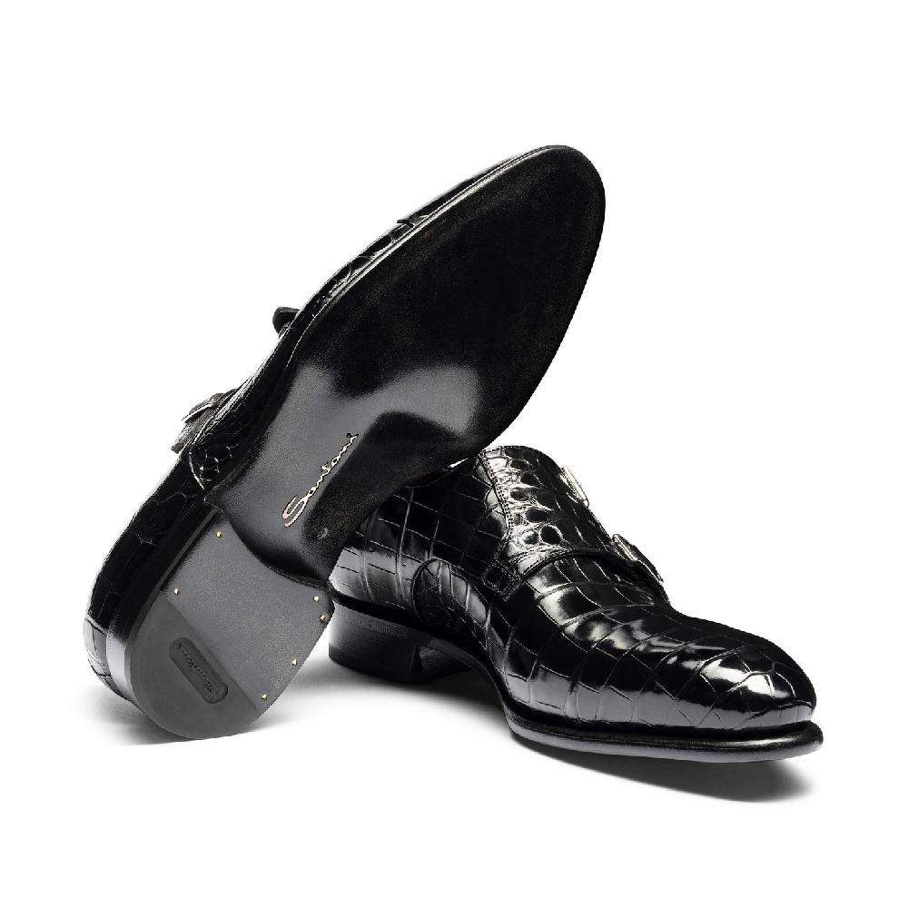 Santoni Doppia fibbia da uomo in alligatore nero Nuova