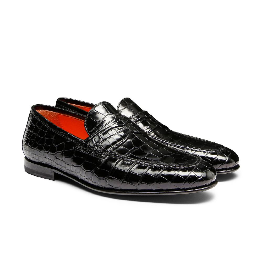 Santoni Mocassino penny da uomo in alligatore nero Italy