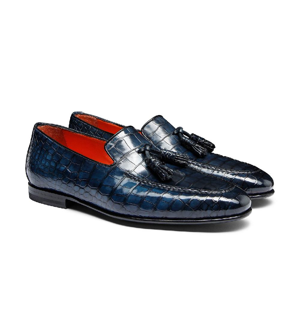 Santoni Mocassino con nappe da uomo in alligatore blu Pezzi Unici
