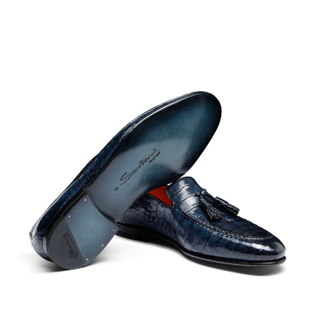 Santoni Mocassino con nappe da uomo in alligatore blu Pezzi Unici