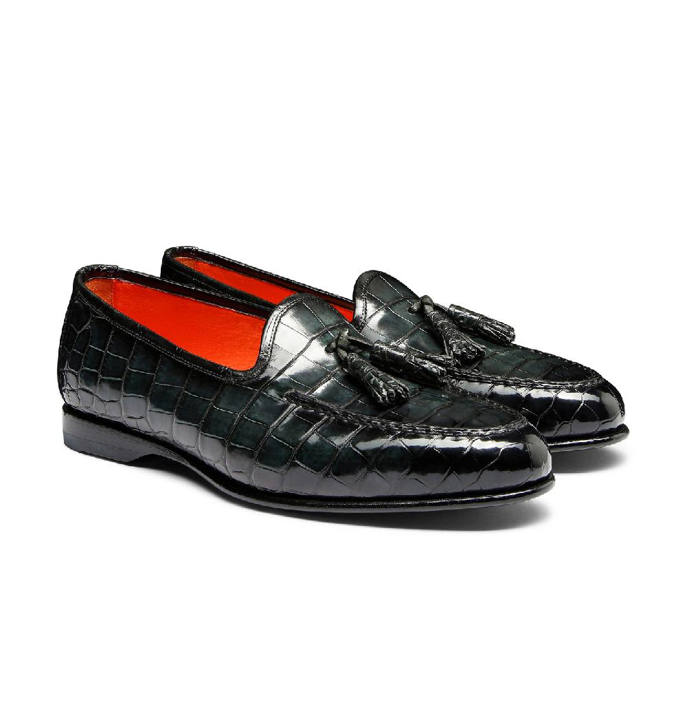 Santoni Mocassino Andrea con nappe da uomo in alligatore verde Shopping Online