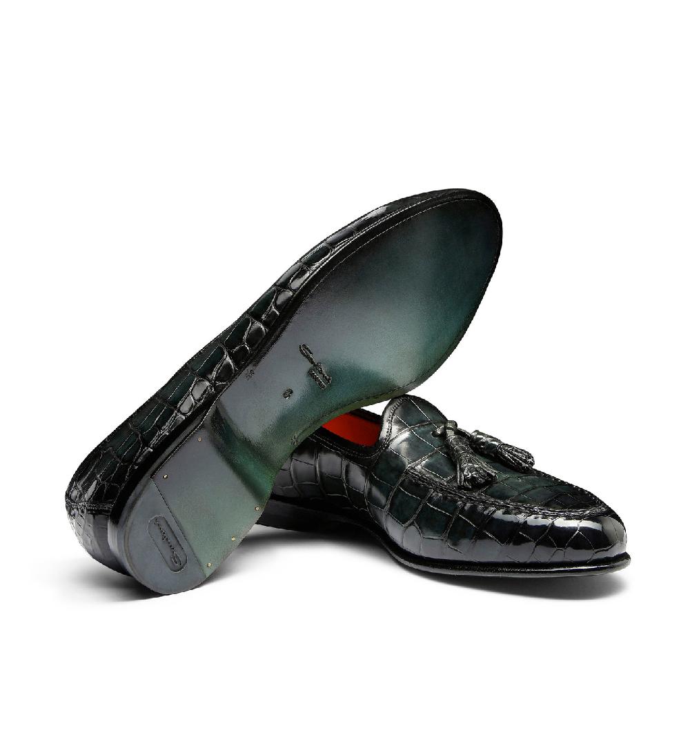 Santoni Mocassino Andrea con nappe da uomo in alligatore verde Shopping Online