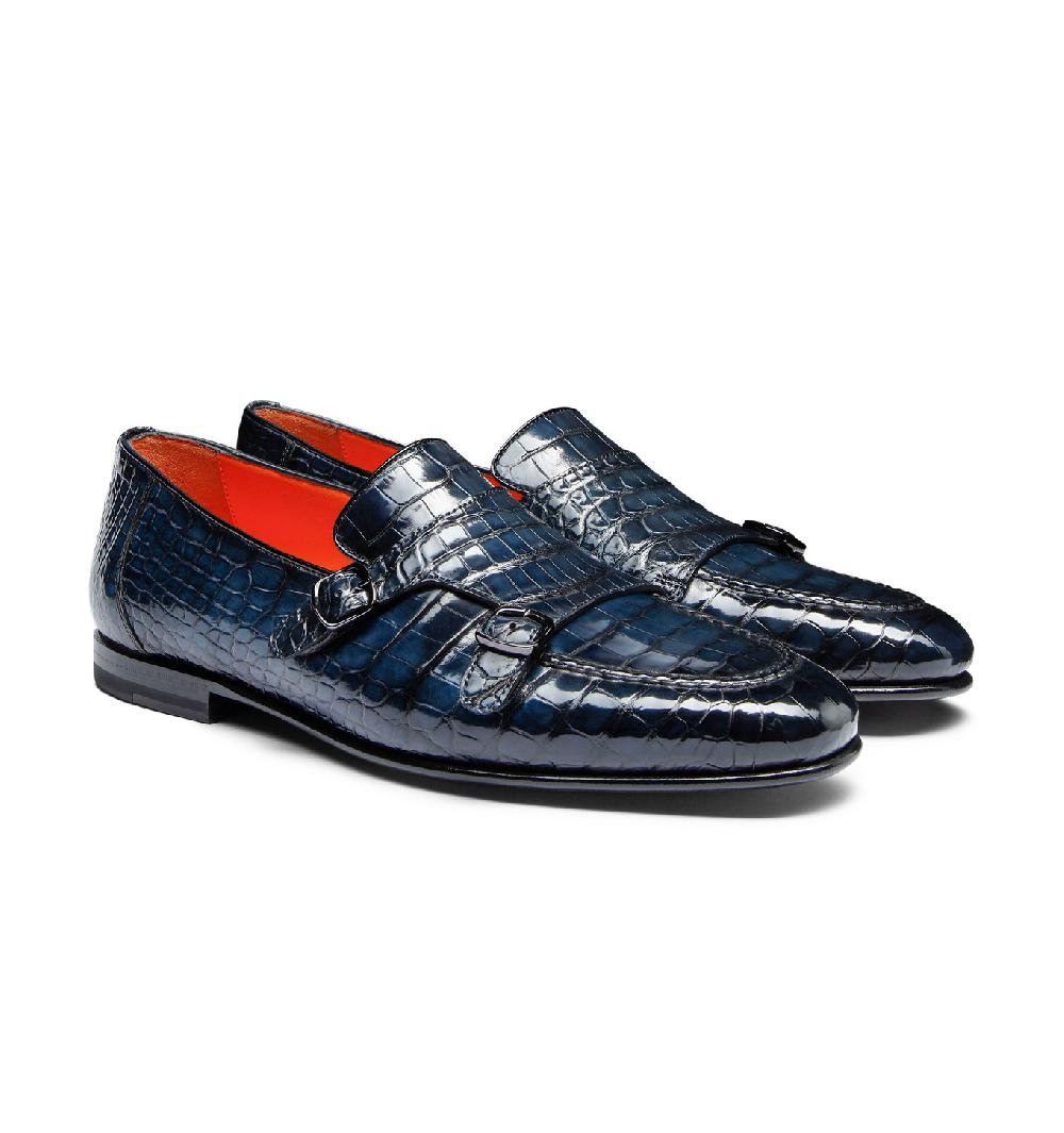 Santoni Mocassino con doppia fibbia da uomo in alligatore blu Convenienza