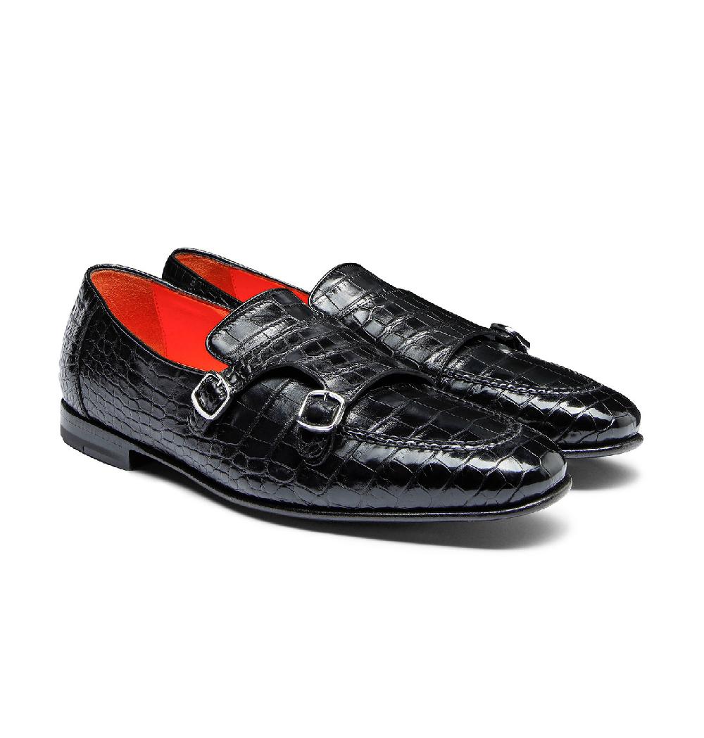 Santoni Mocassino con doppia fibbia da uomo in alligatore nero Offerta