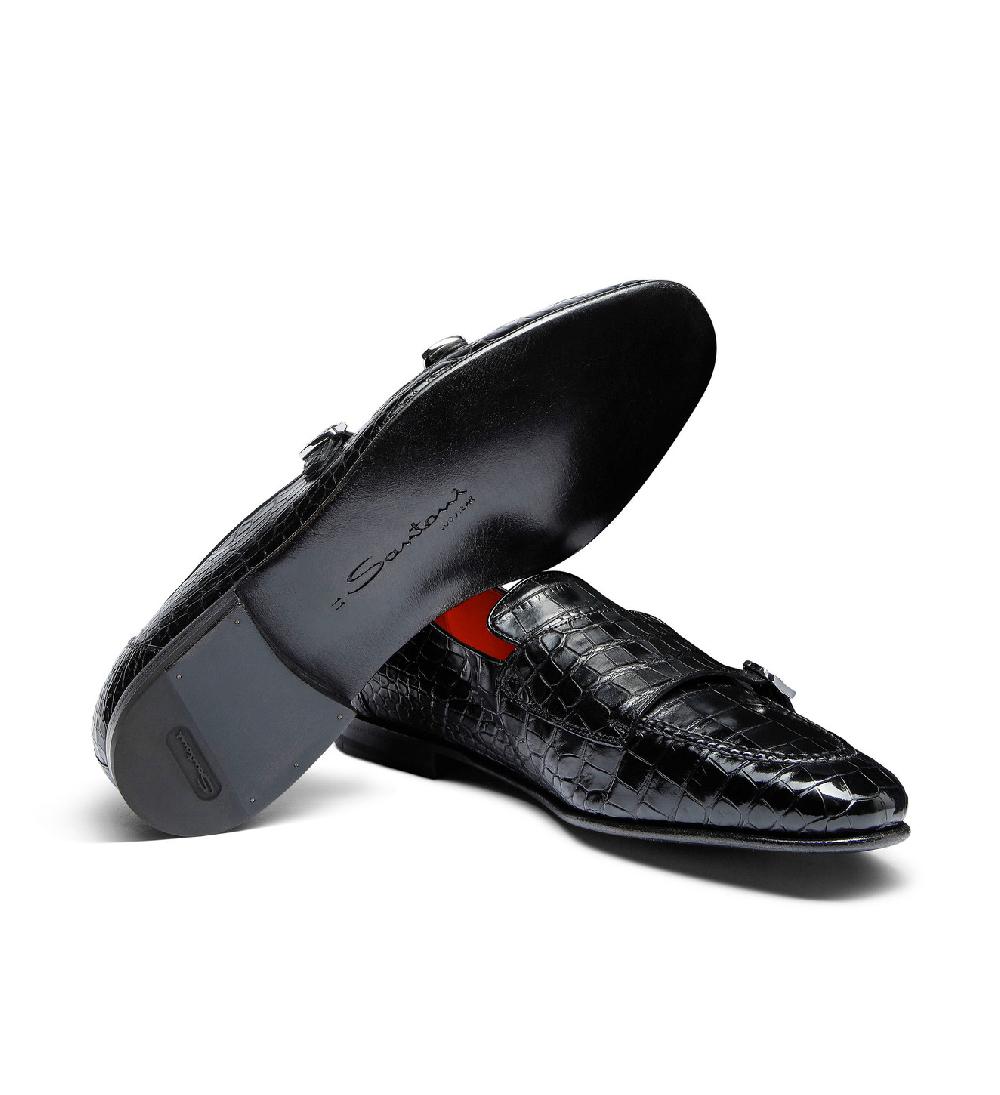 Santoni Mocassino con doppia fibbia da uomo in alligatore nero Offerta