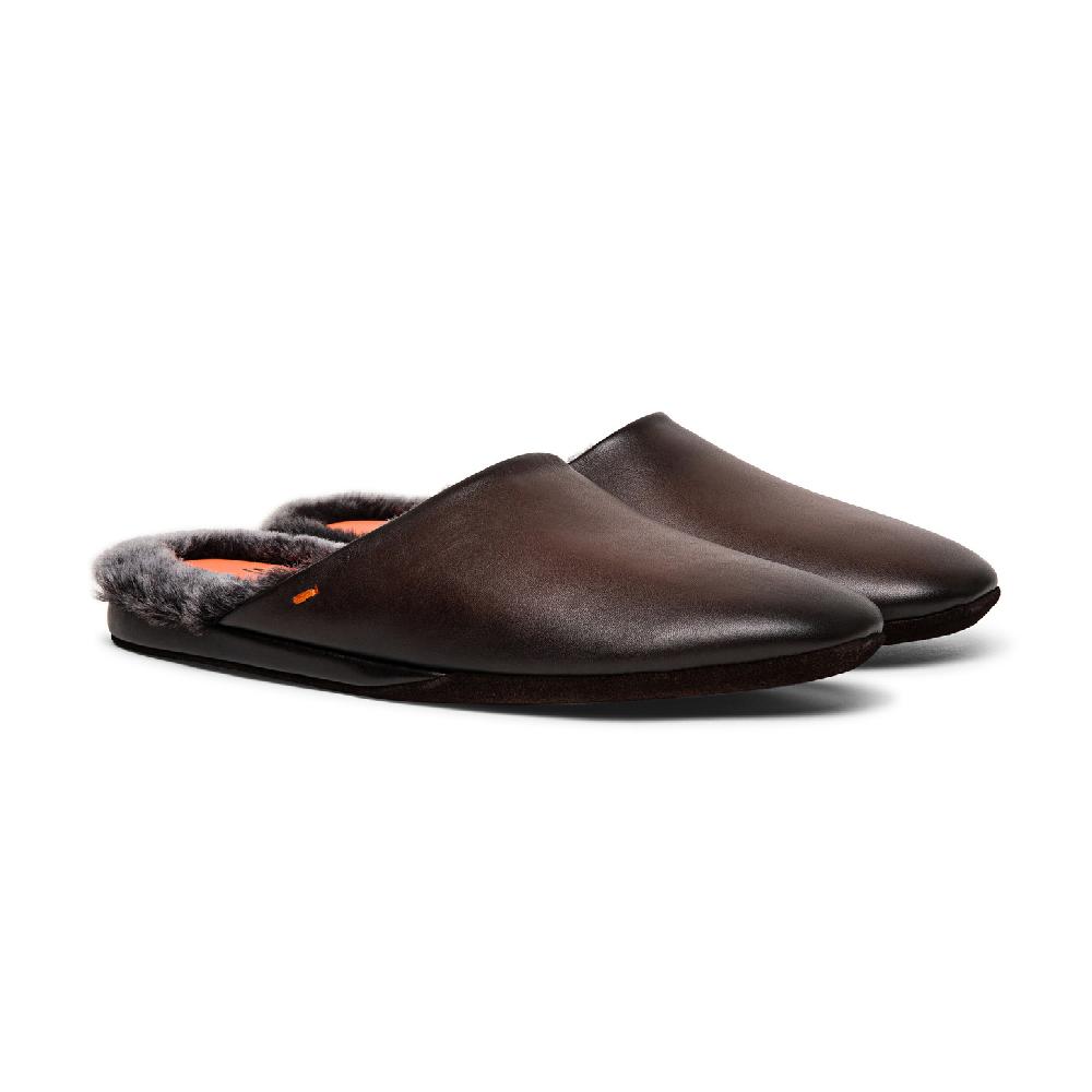 Santoni Pantofola da uomo in pelle anticata marrone Offerte