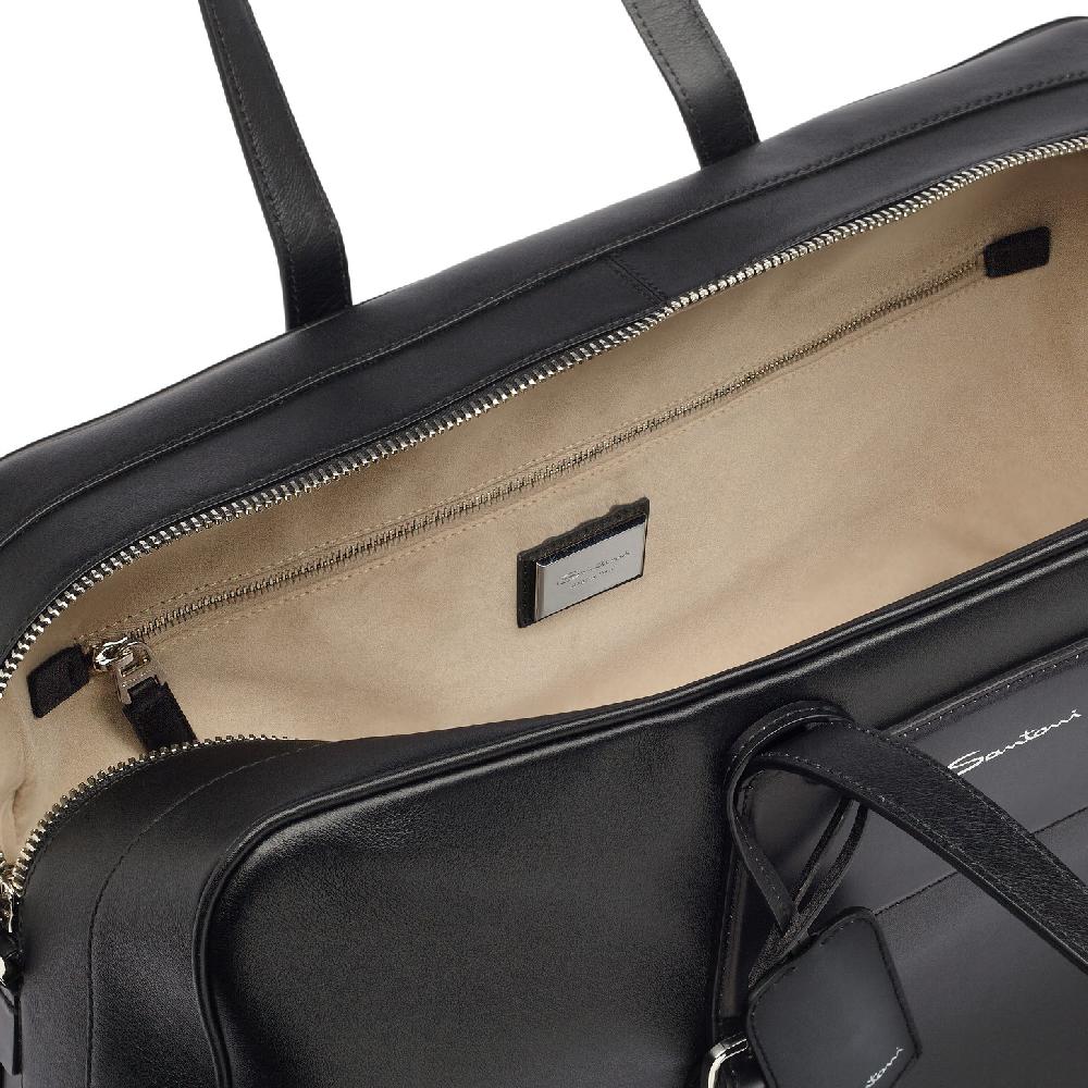 Santoni Borsa da viaggio in pelle nera Saldi Di Fabbrica