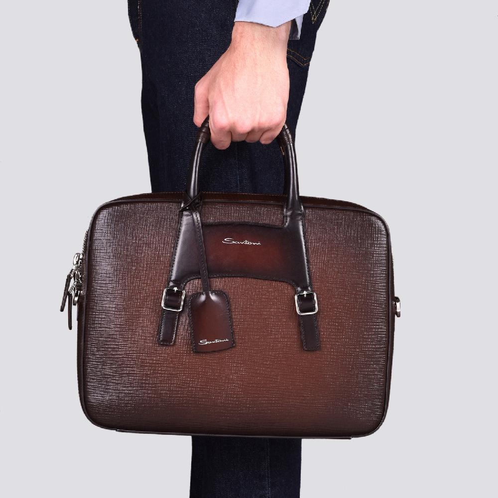 Santoni Briefcase in pelle stampata marrone Nuova