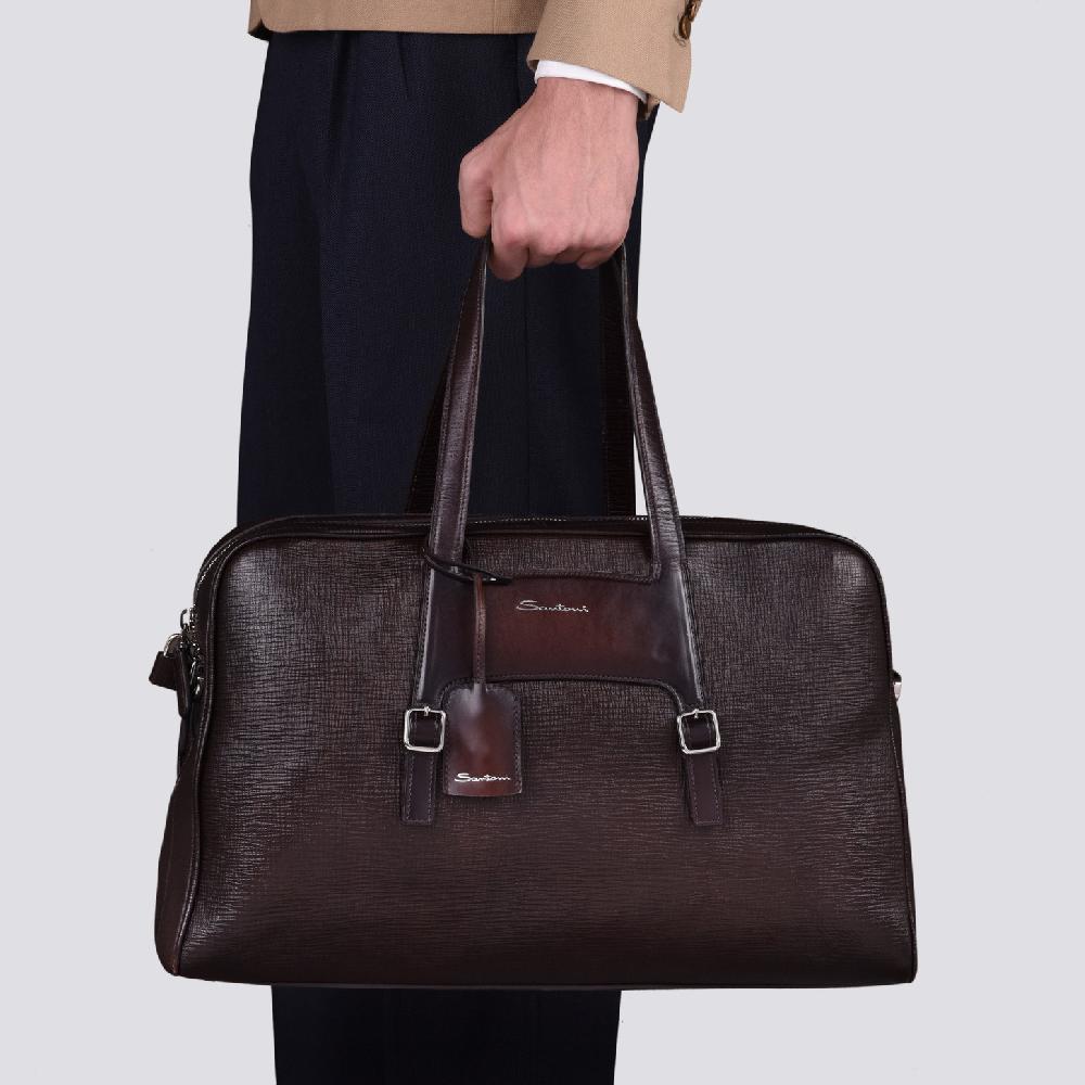 Santoni Borsa da viaggio in pelle stampata marrone Acquista Ora