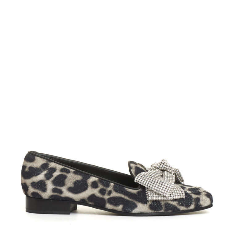 Sorelle Perego mocassino fiocco strass e stampa leopardo