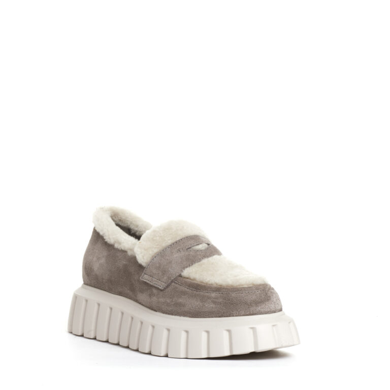 Sorelle Perego mocassino camoscio taupe e ecomontone Vendita