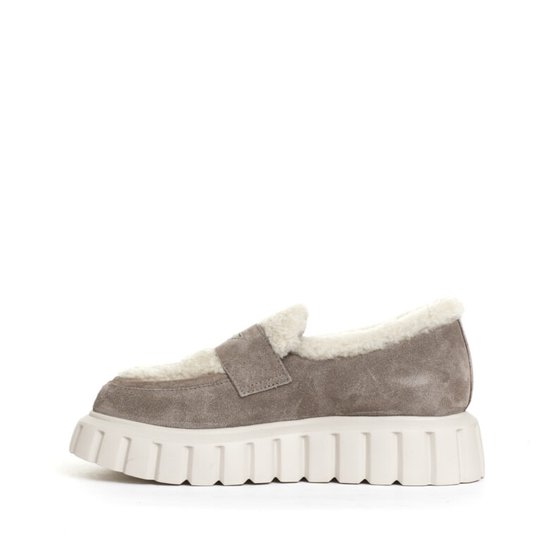 Sorelle Perego mocassino camoscio taupe e ecomontone Vendita