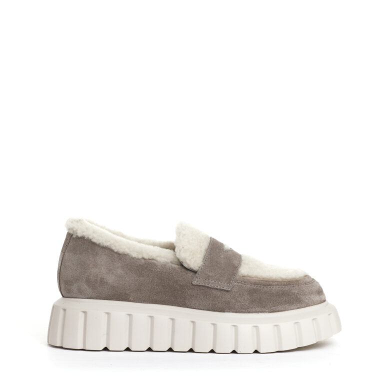 Sorelle Perego mocassino camoscio taupe e ecomontone Vendita