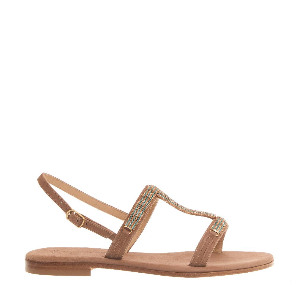 Sorelle Perego sandalo in camoscio beige con cristalli blu e rame